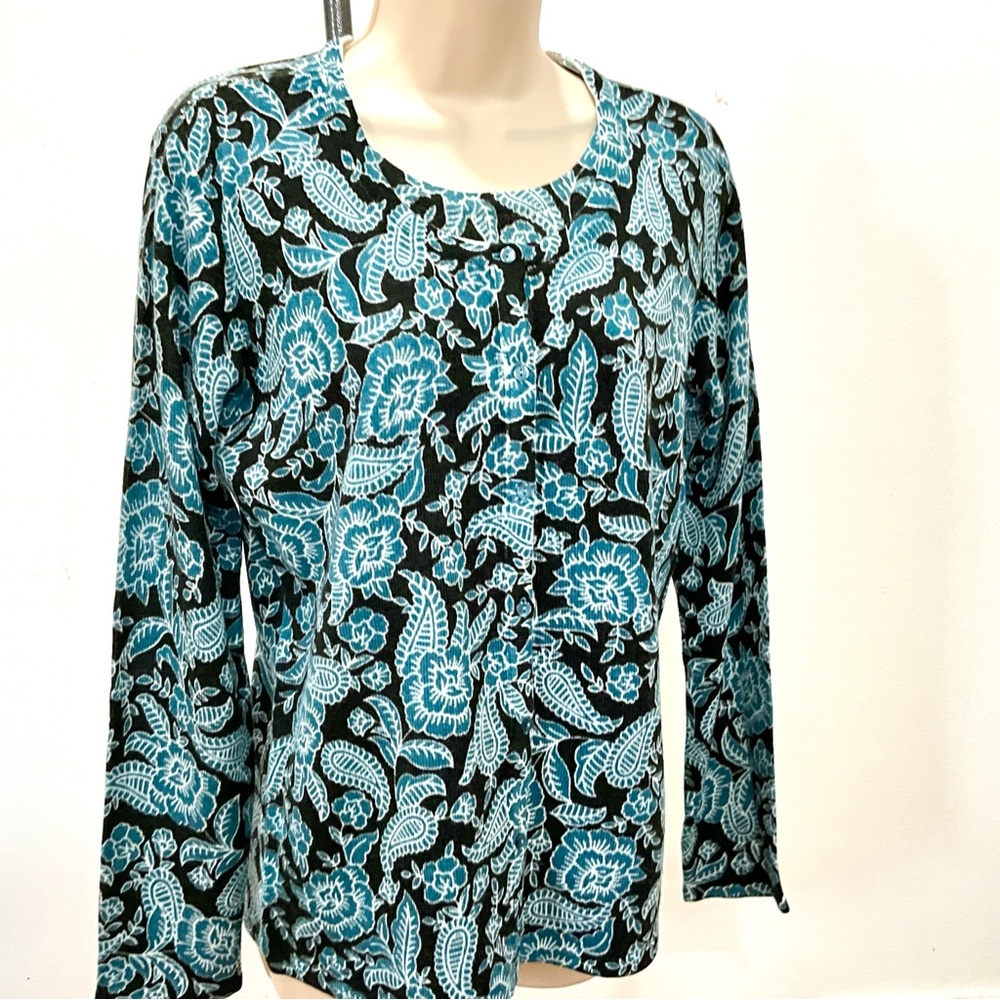 NWT Laura Scott Women's Blue-Green/Black Flowers Print Missy 2Fer Sweater Size M